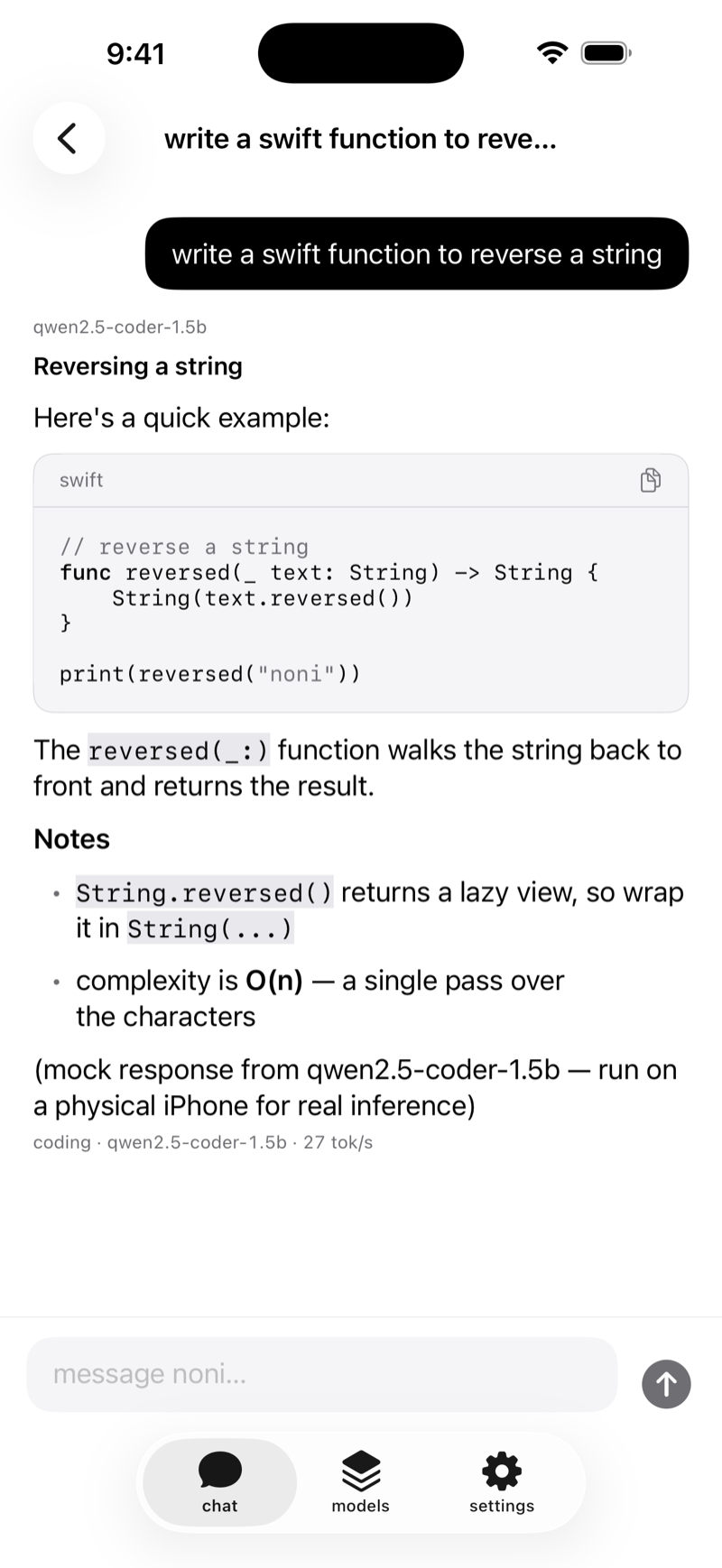 a noni chat answering a coding question with a copyable code card